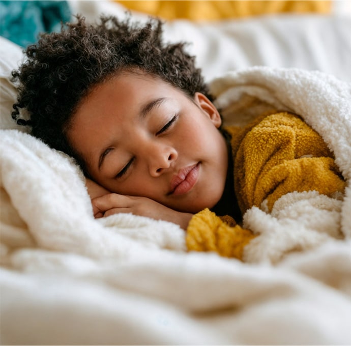 Boy sleeping happily in new bed