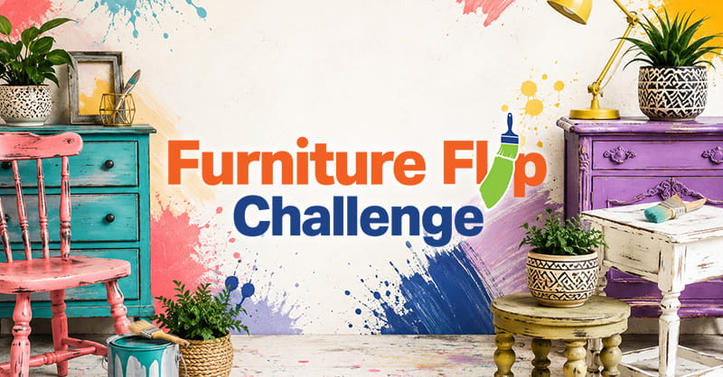 Furniture Flip Challenge logo with furniture in the background.