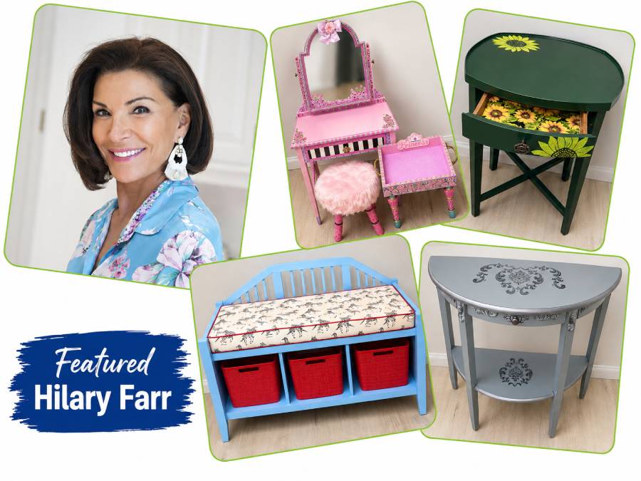 Furniture Flip page promotional image with Hilary Farr and last year's flip pieces